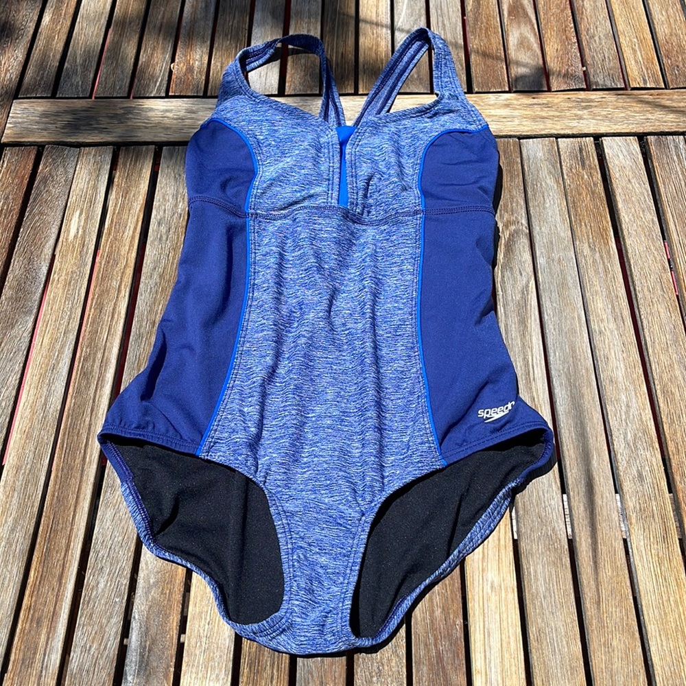 Speedo Heathered Blue and Black One-Piece Swimsuit